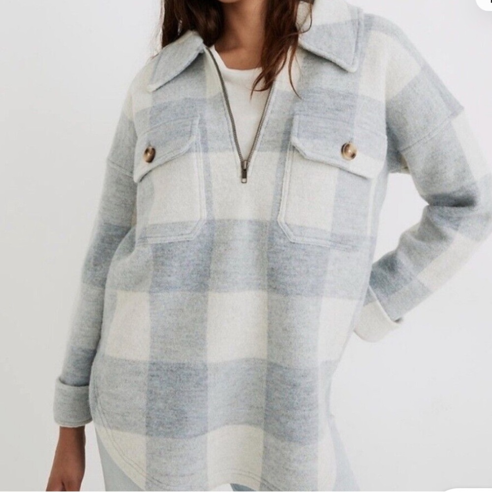 Madewell Boiled Wool Half-Zip Popover Sweater in Buffalo Check Blue & Wh…